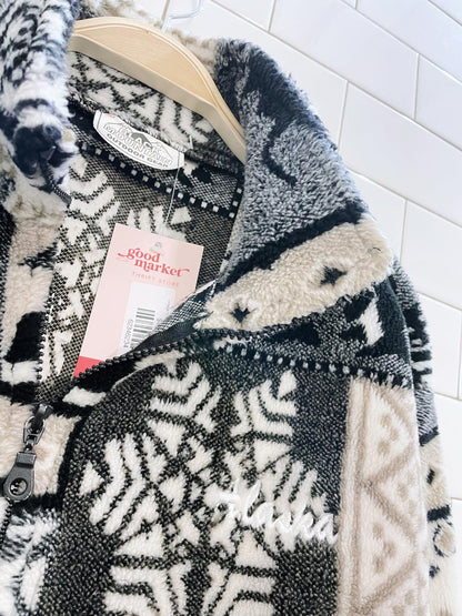 vintage 00s black mountain winter scene fleece jacket