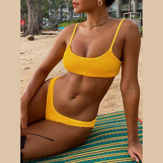 zaful yellow smocked cheeky bikini