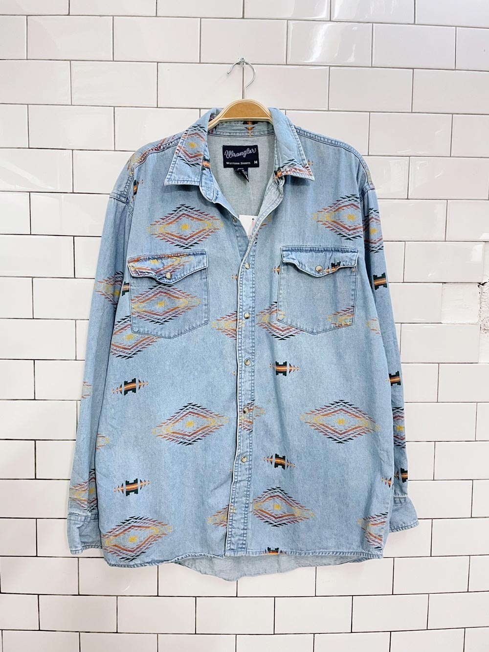 vintage wrangler southwestern snap button denim shirt