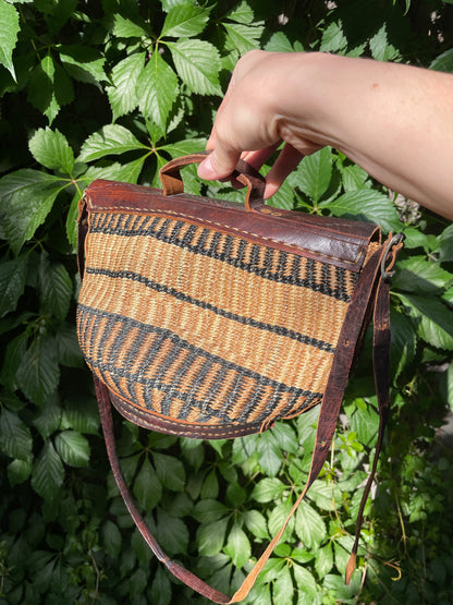 vintage tooled leather woven sisal bag