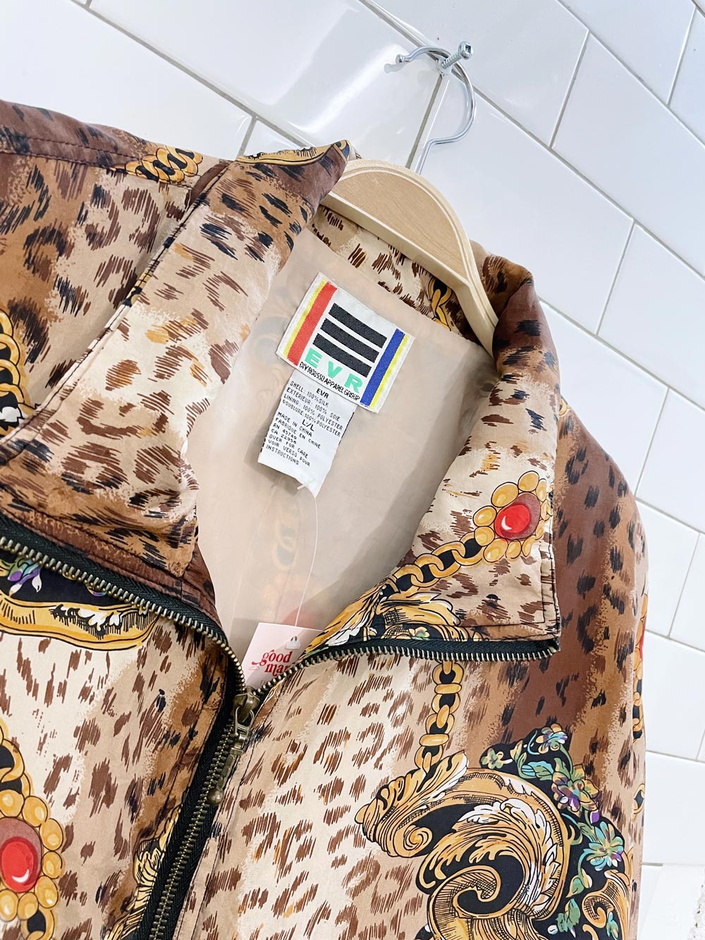 vintage evr chain animal print silk bomber jacket