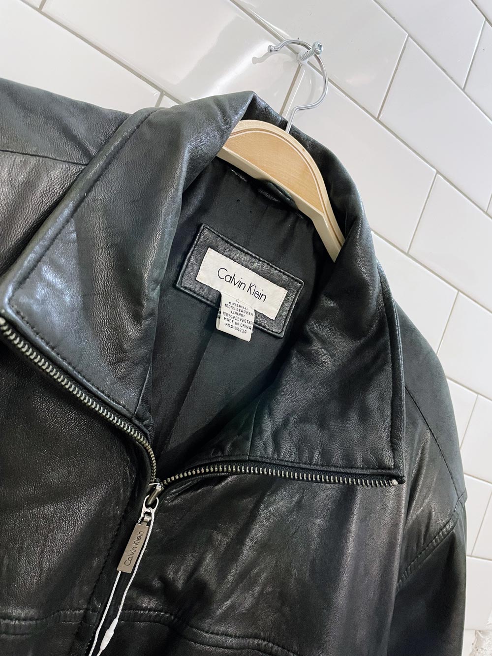 calvin klein butter leather minimal zip jacket