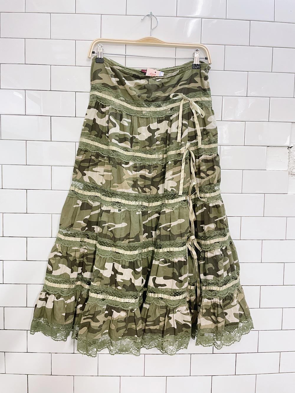y2k pro(d)ux camo tiered ribbon trim midi skirt