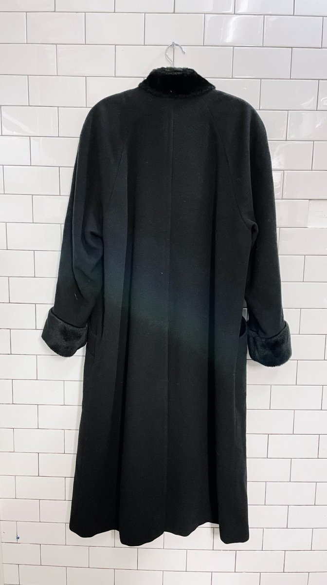 vintage goodman wool - cashmere faux fur trim long coat - good market thrift store