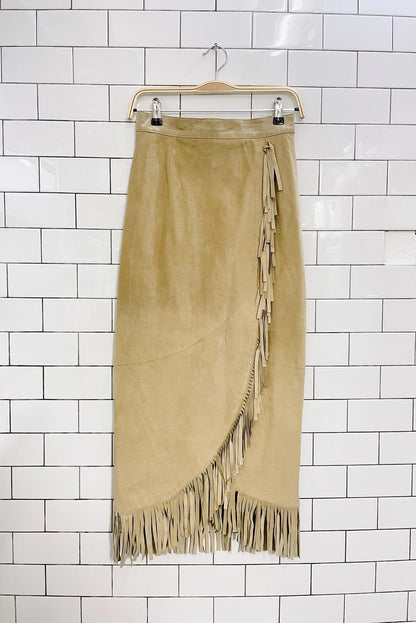 vintage 80s danier fringe wrap suede maxi skirt