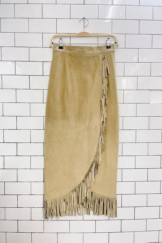 vintage 80s danier fringe wrap suede maxi skirt