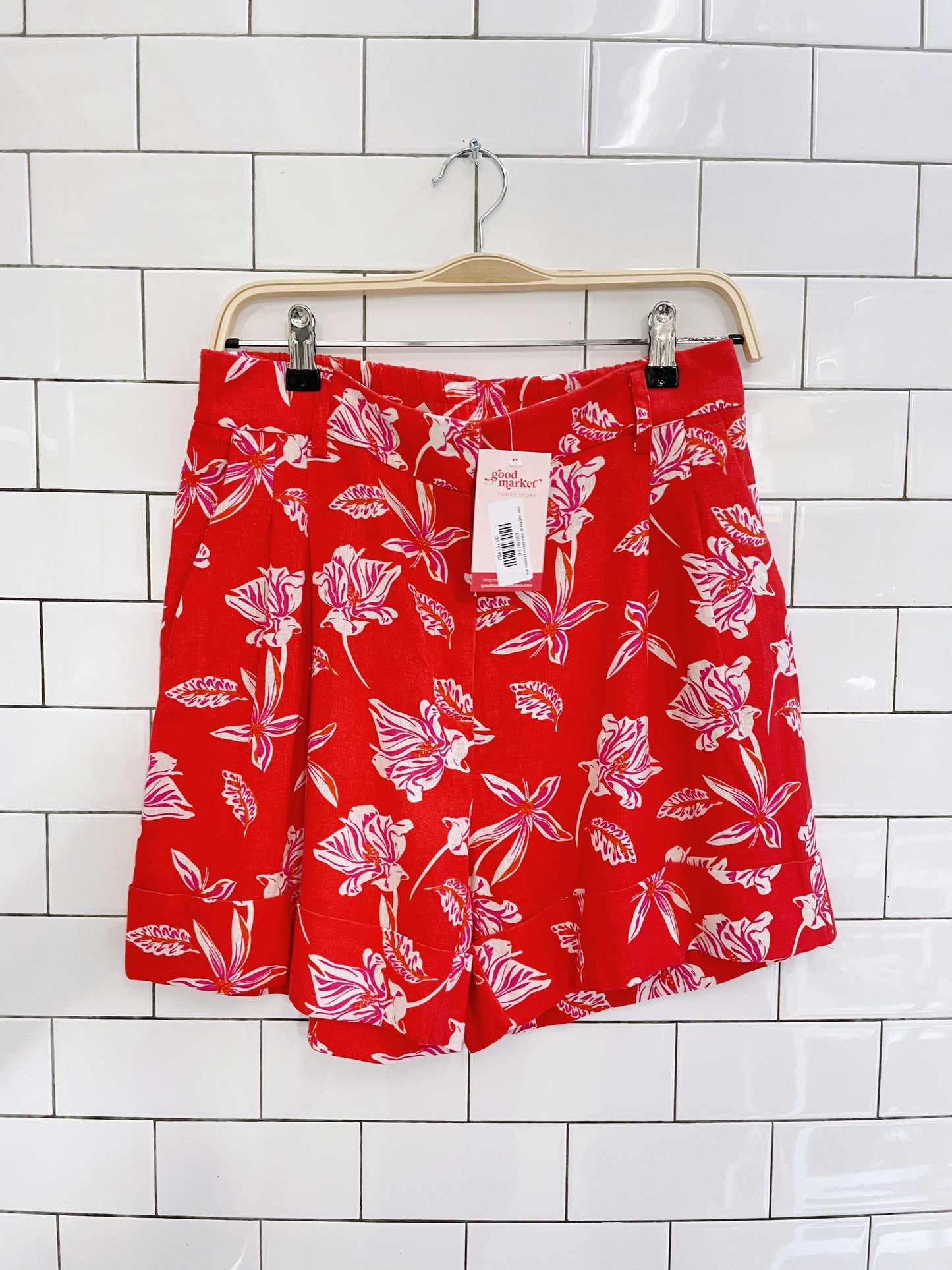 joie red floral linen blend pleated short