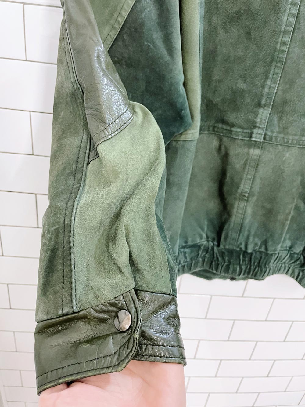 vintage leather house green patchwork leather bomber jacket