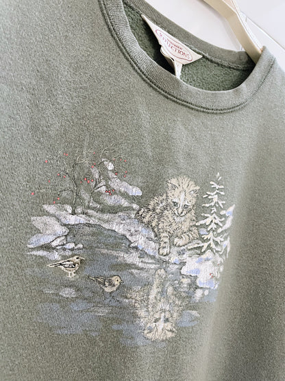 vintage NR winter kitten scene graphic crew