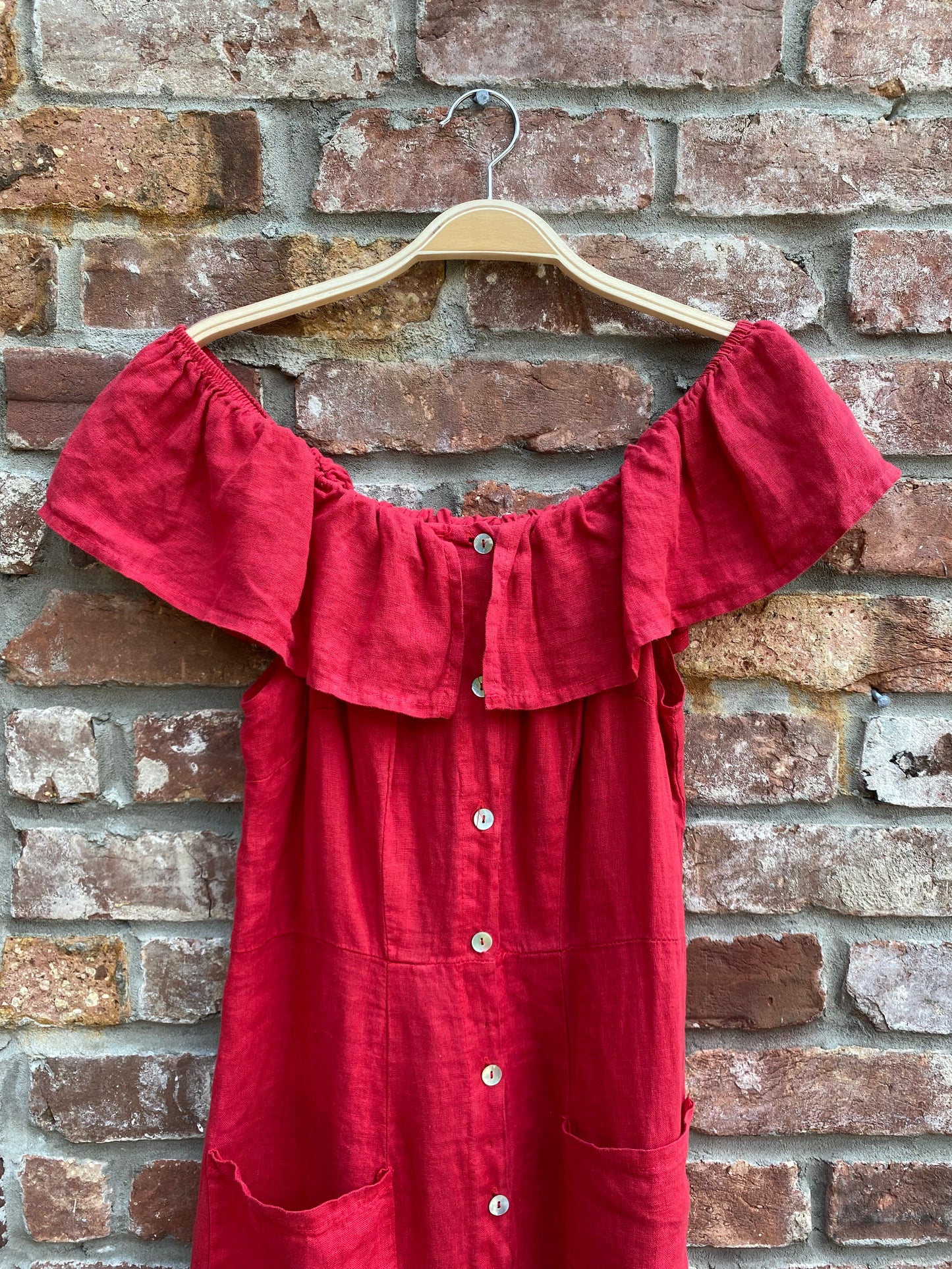 martina innocenti 100% linen off shoulder midi dress