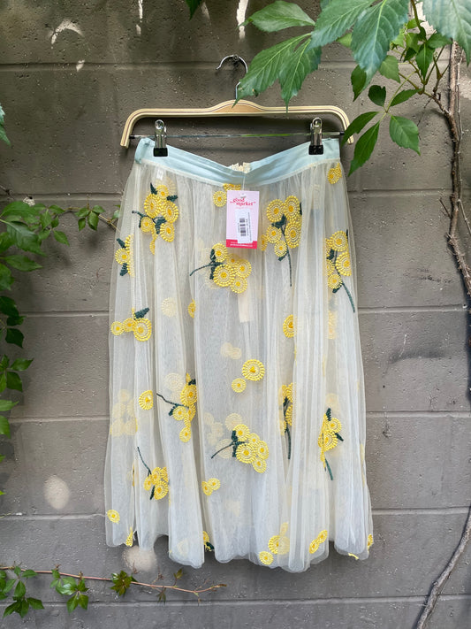 embroidered daisy tule midi skirt