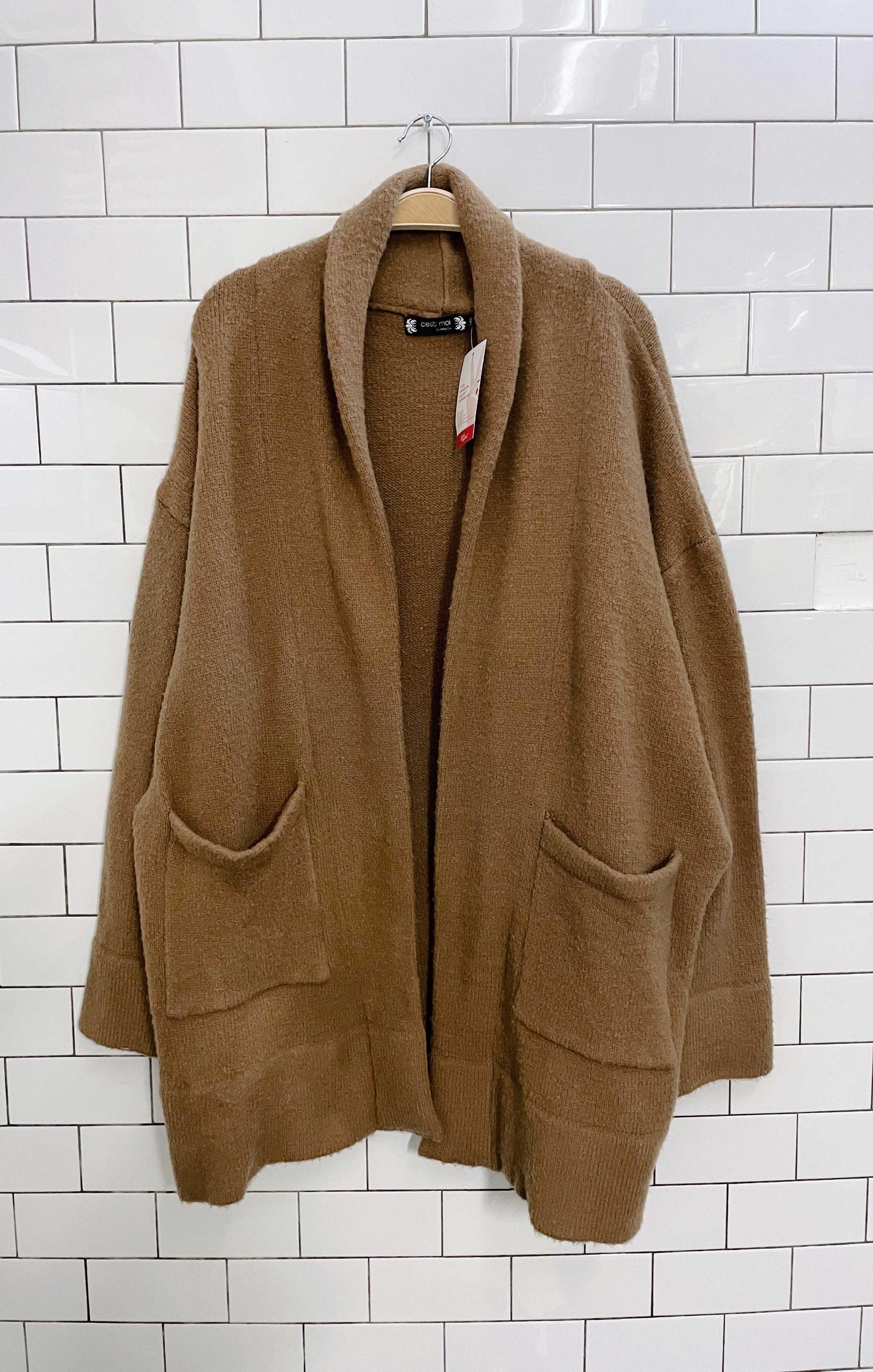 c'est moi tan open knit cardigan jacket