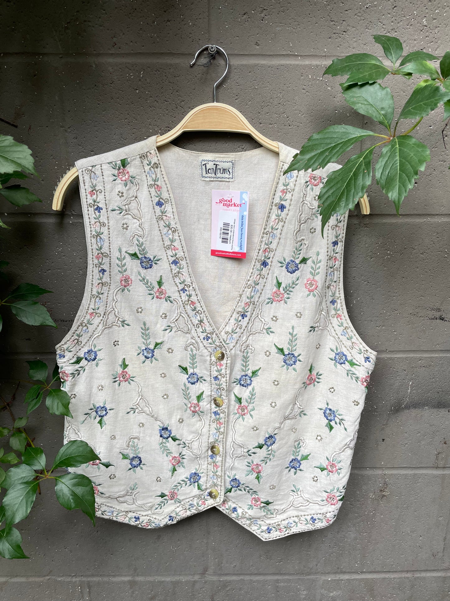 vintage linen embroidered floral vest/top