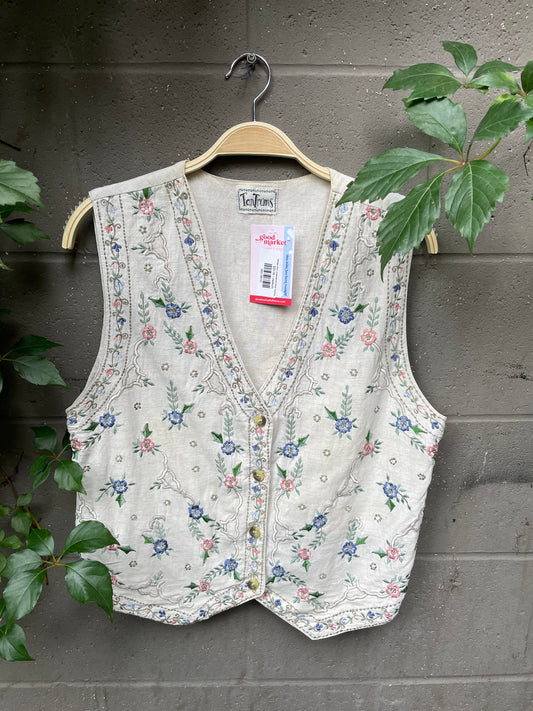 vintage linen embroidered floral vest/top