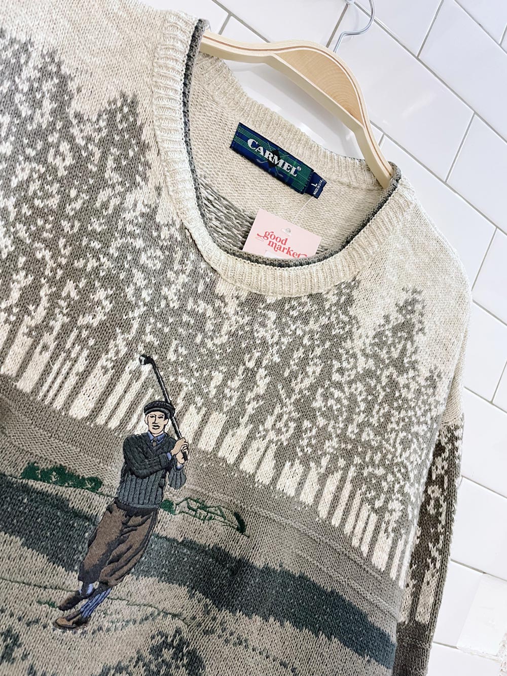 vintage carmel embroidered golfer knit dad sweater
