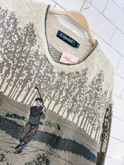 vintage carmel embroidered golfer knit dad sweater