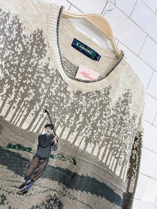vintage carmel embroidered golfer knit dad sweater