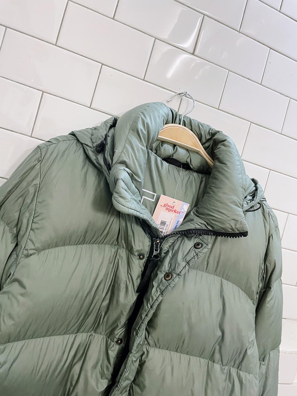 tna super puff sage green mid-length coat