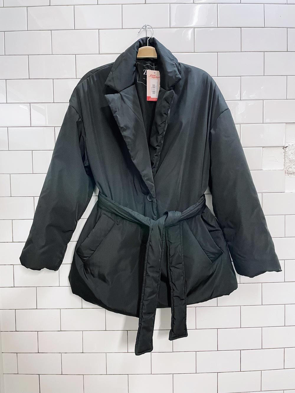 zara black belted padded jacket