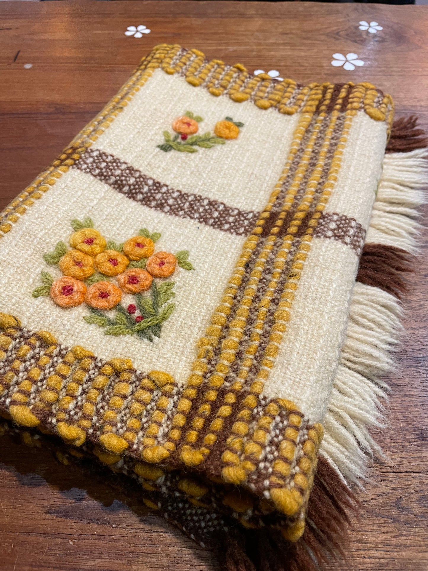 vintage handmade 3d flower wool runner