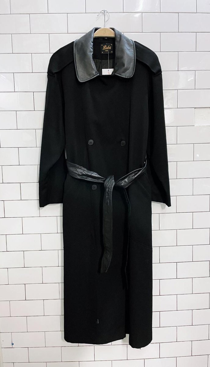 vintage luba paris leather trim belted wool trench coat - good market thrift store