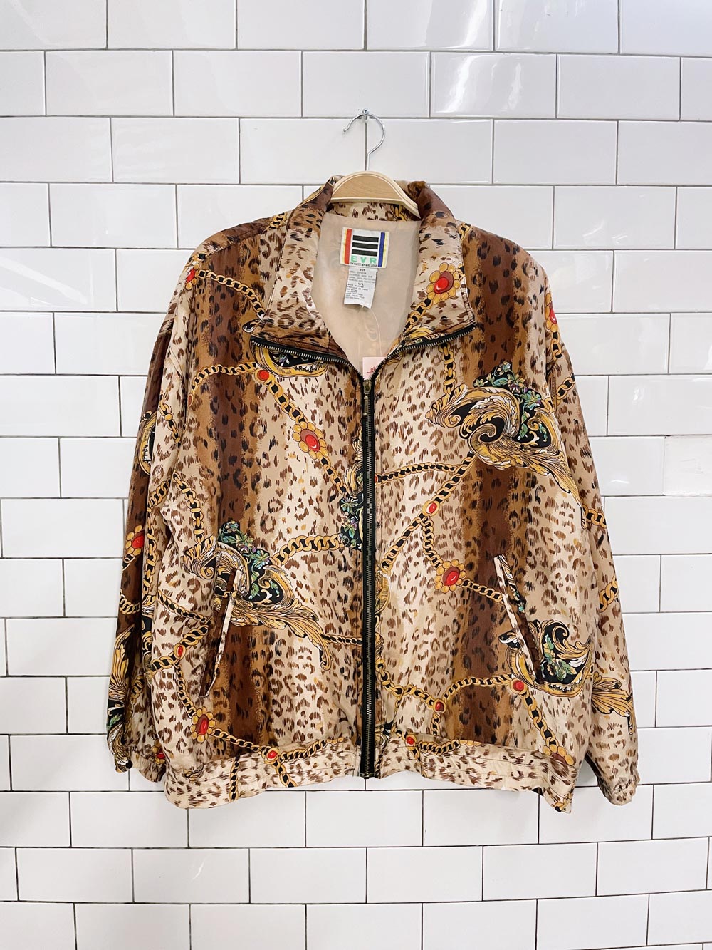 vintage evr chain animal print silk bomber jacket