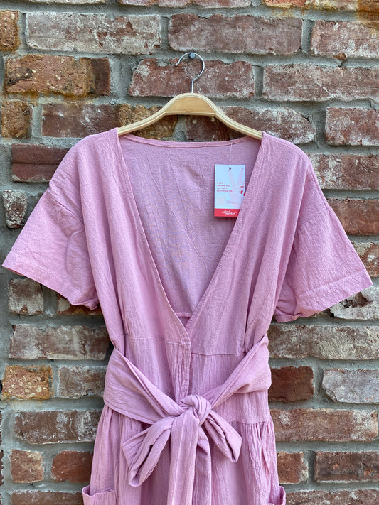 pink crinkle cotton wrap midi dress