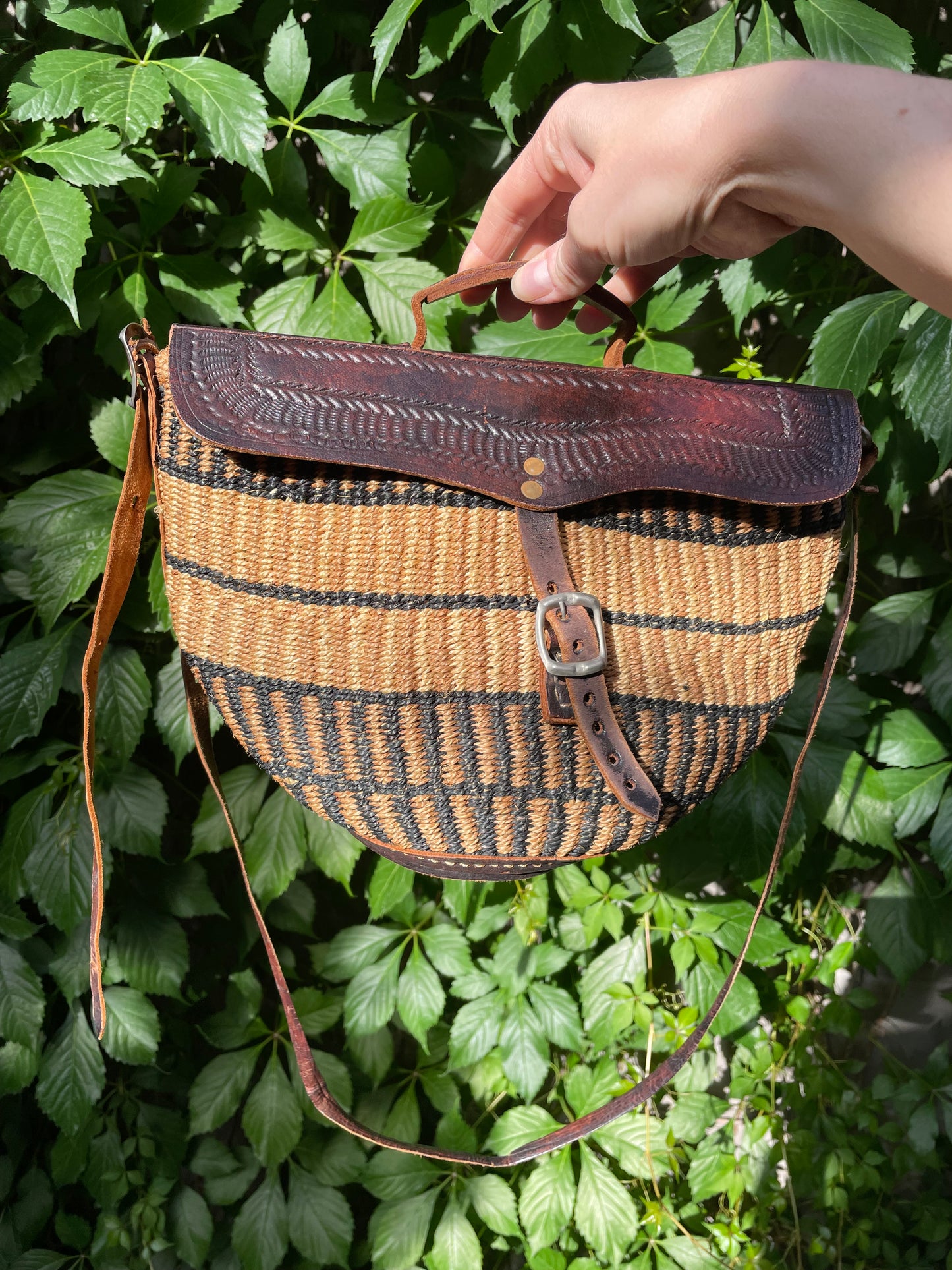 vintage tooled leather woven sisal bag