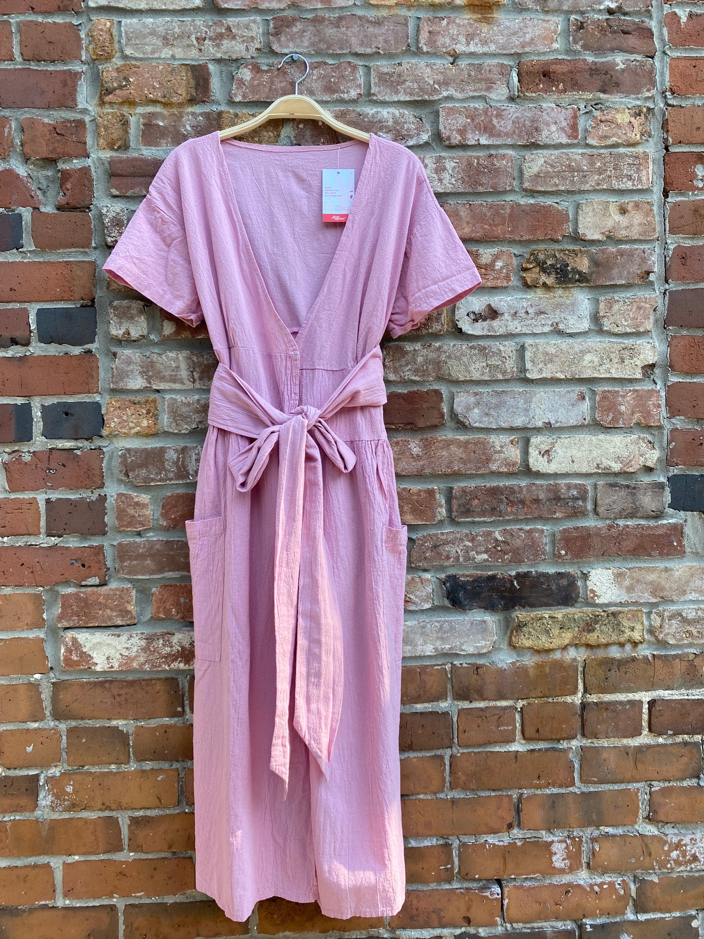 pink crinkle cotton wrap midi dress