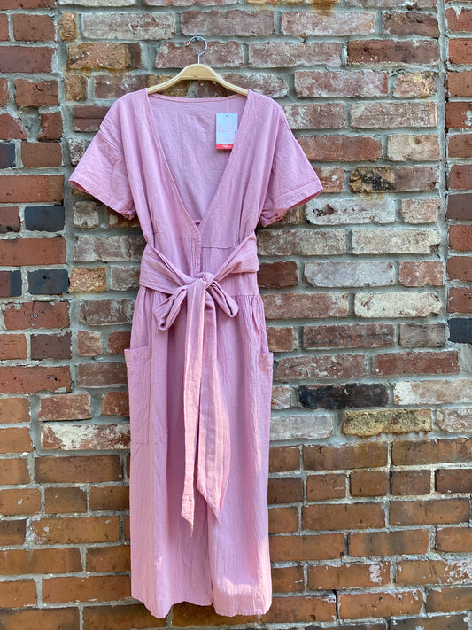 pink crinkle cotton wrap midi dress