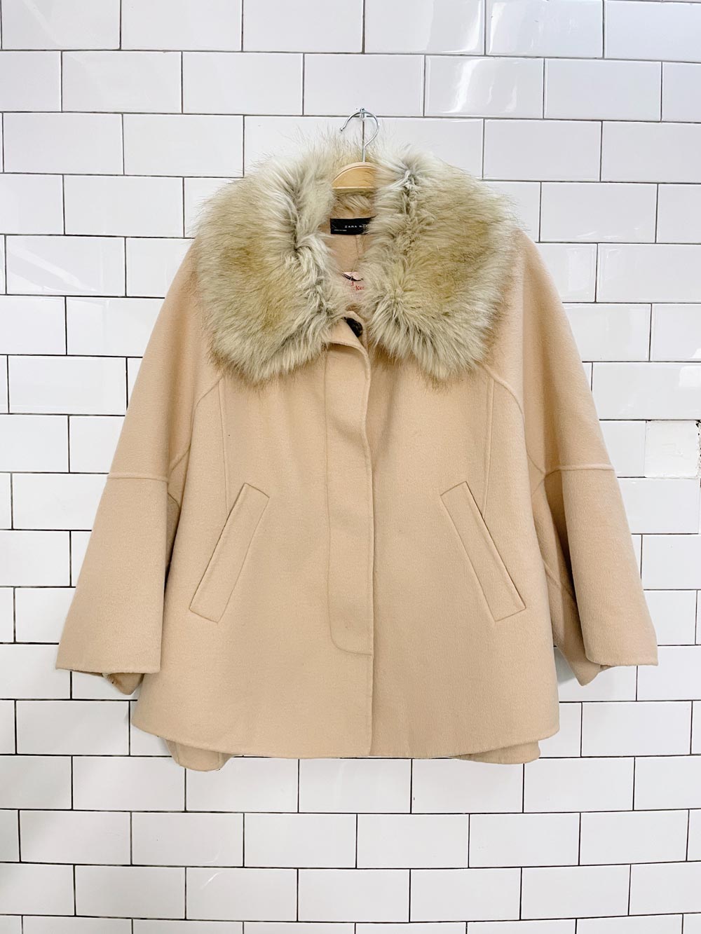 zara faux fur collar textured cape coat