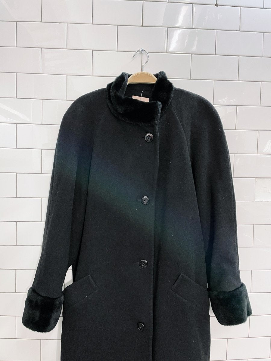 vintage goodman wool - cashmere faux fur trim long coat - good market thrift store