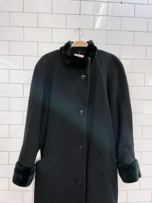 vintage goodman wool - cashmere faux fur trim long coat - good market thrift store