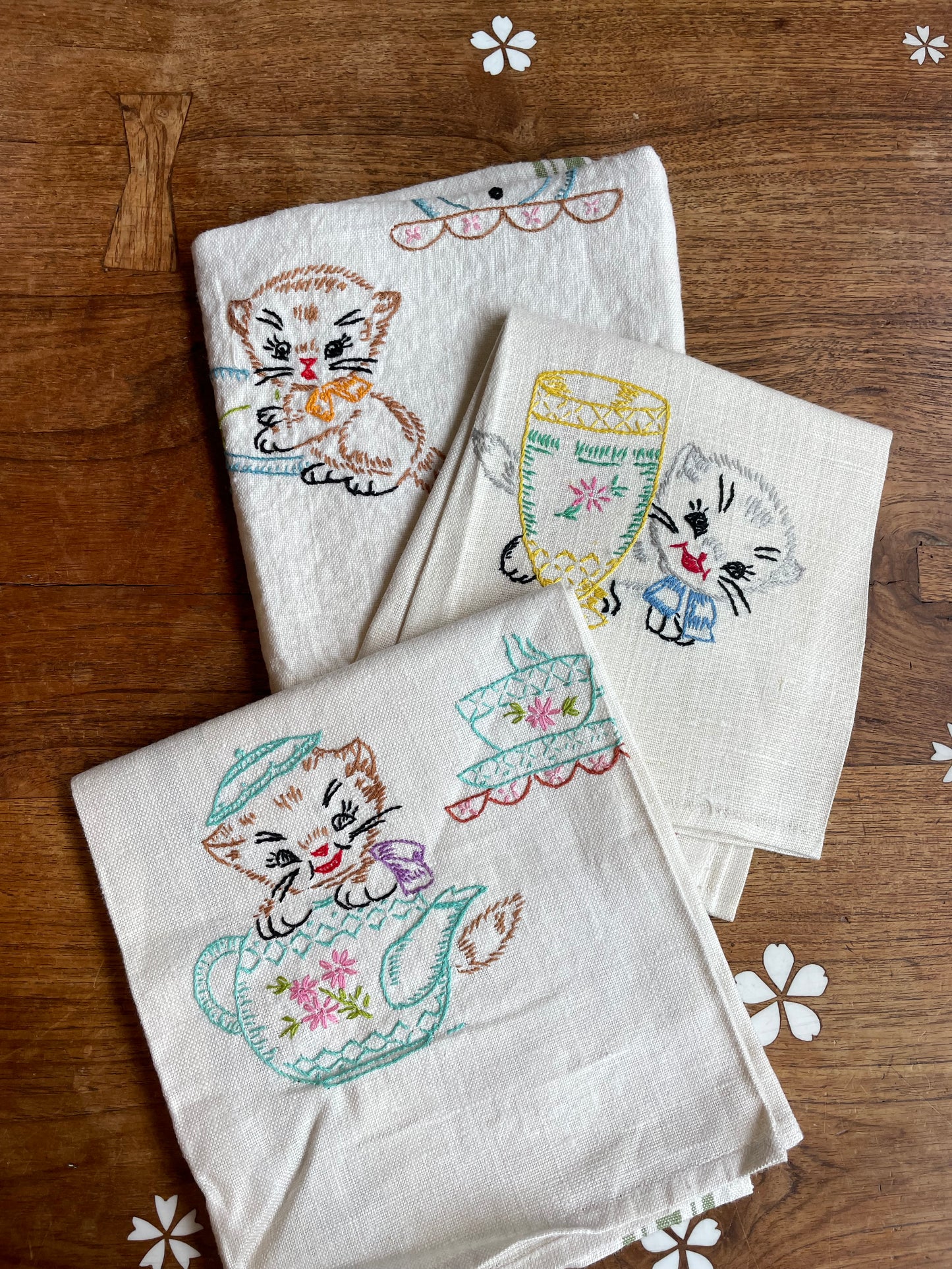 x3 vintage hand-embroidered linen dish towel set