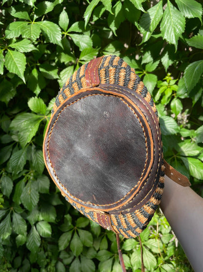 vintage tooled leather woven sisal bag