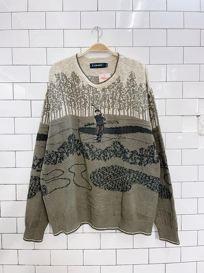 vintage carmel embroidered golfer knit dad sweater