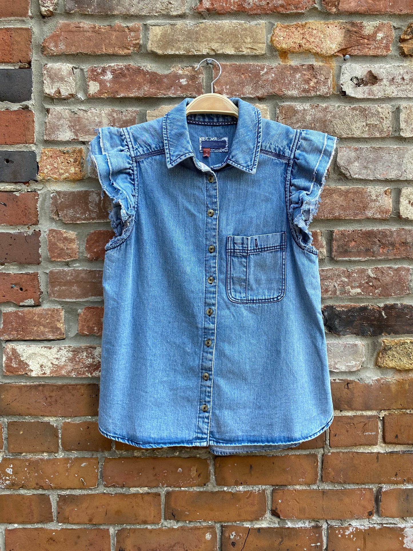 pilcro ruffle denim button down