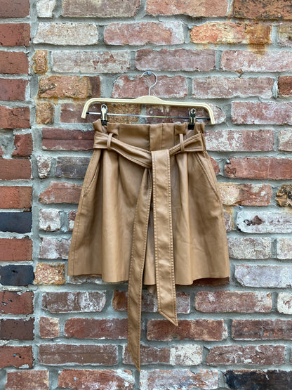 zara tan faux leather belted shorts