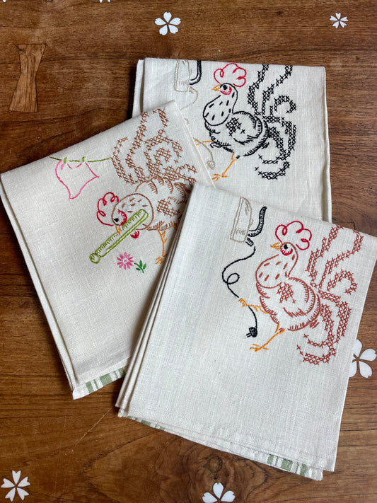 x3 vintage hand-embroidered linen dish towel set