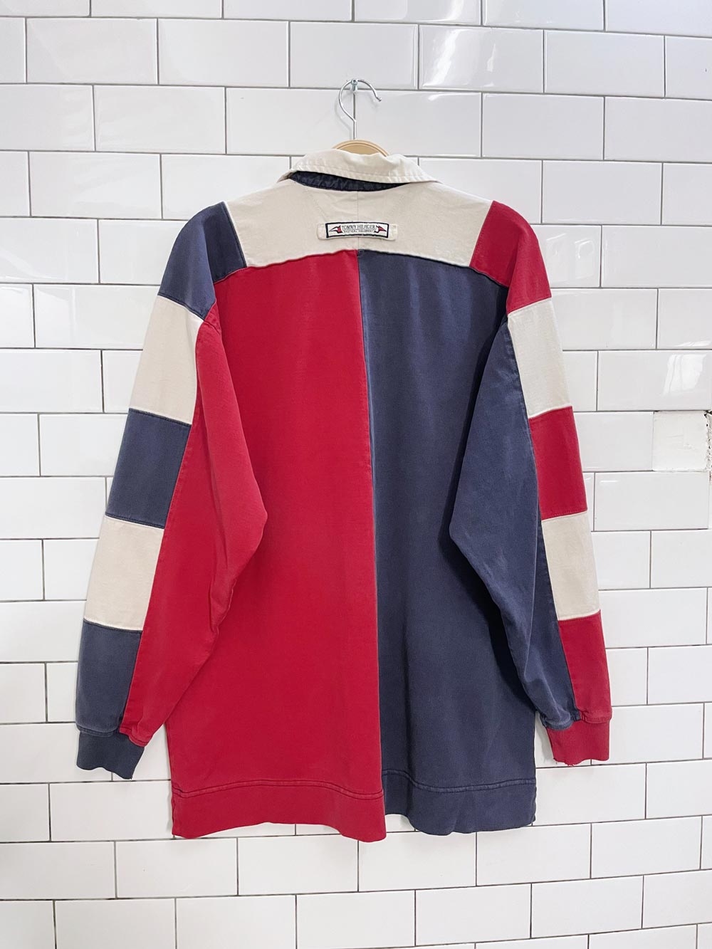 vintage 90s tommy hilfiger patchwork long sleeve polo