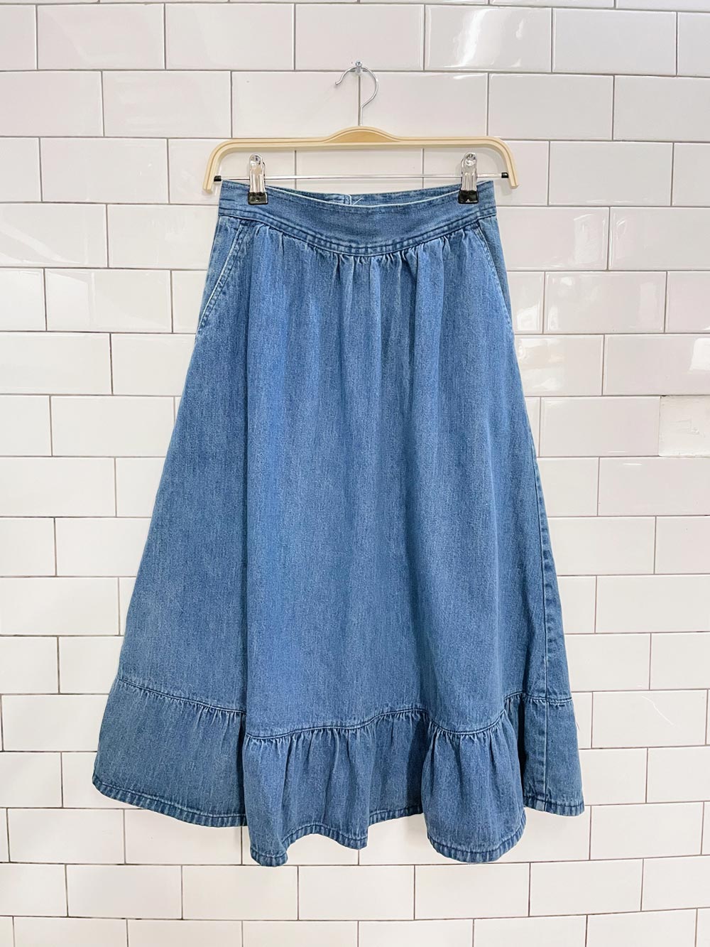 vintage nova nova ruffle hem denim midi skirt