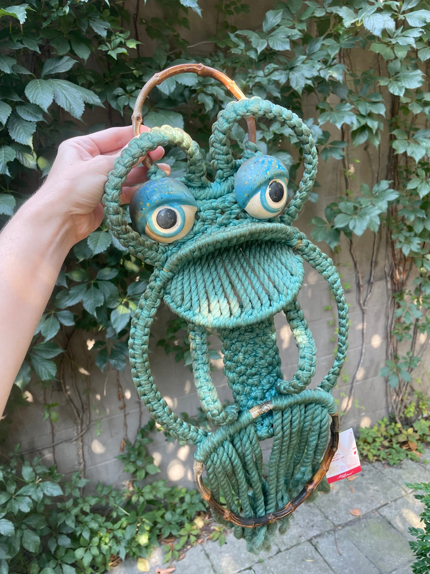 vintage 70s macrame frog towel hanger