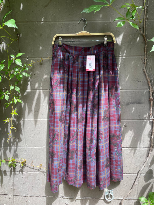 vintage paisley pleated plaid midi skirt