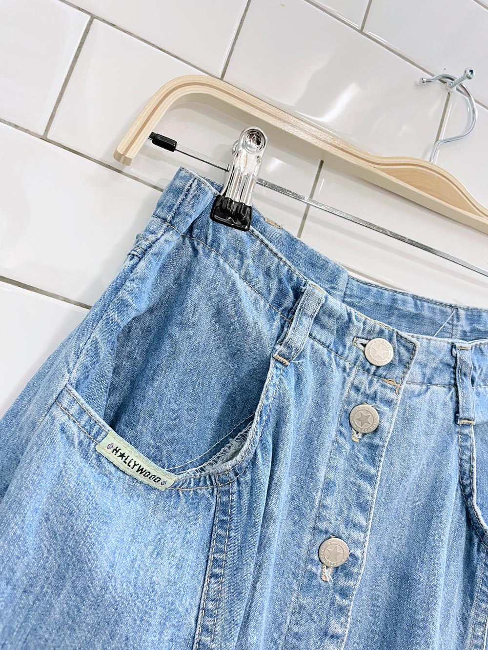 vintage 90s hollywood button denim midi skirt