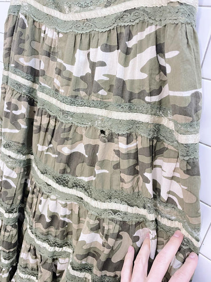 y2k pro(d)ux camo tiered ribbon trim midi skirt