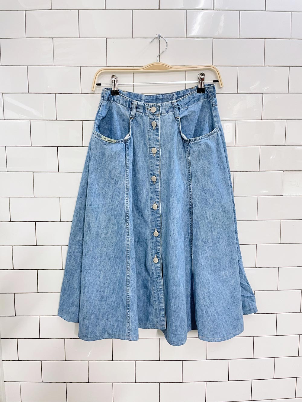 vintage 90s hollywood button denim midi skirt