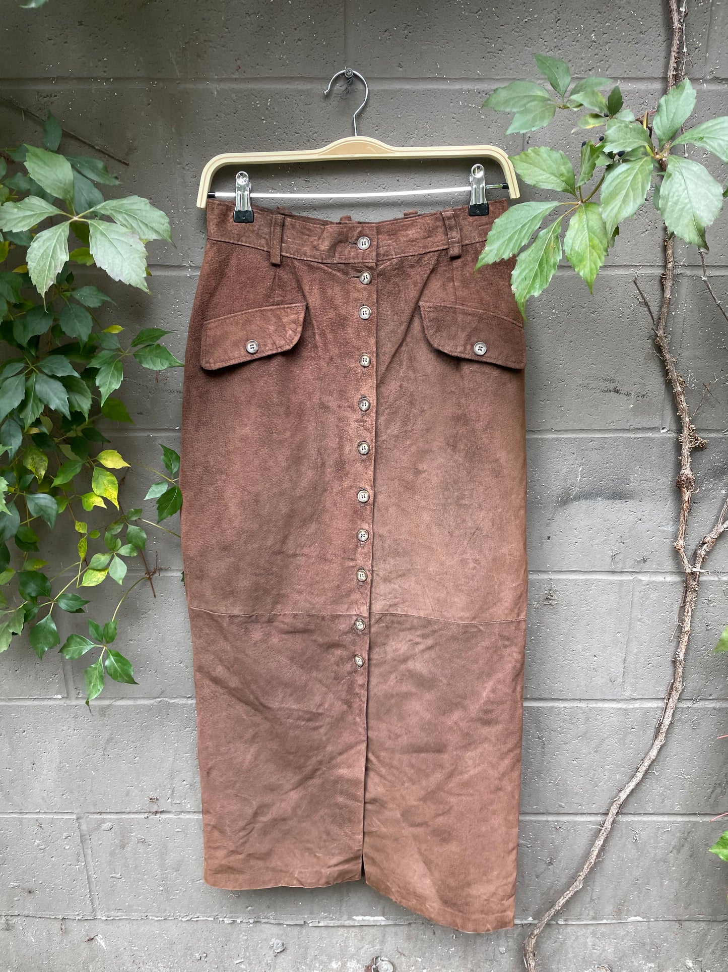vintage brown suede button down maxi skirt