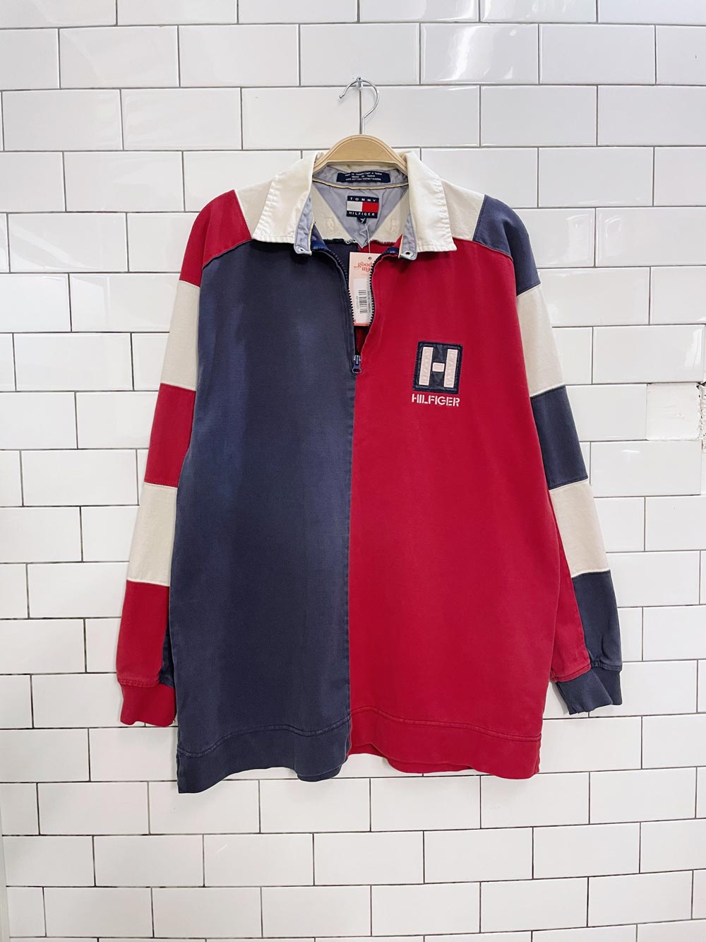 vintage 90s tommy hilfiger patchwork long sleeve polo