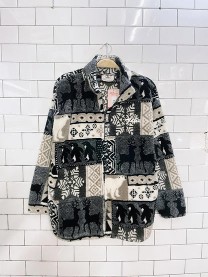 vintage 00s black mountain winter scene fleece jacket