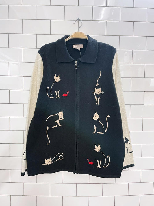 vintage tanjay embroidered cat knit cardigan
